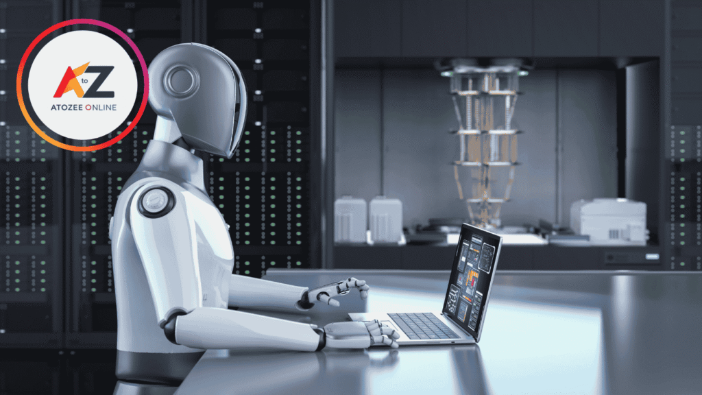 AI-powered robot presenting a laptop, symbolizing advanced technology