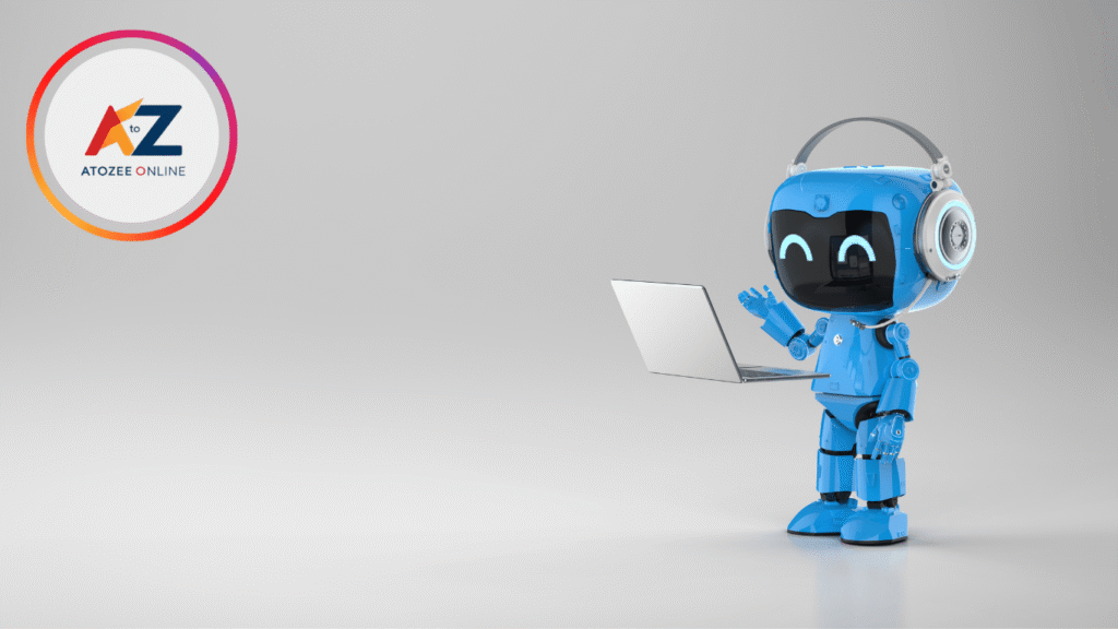 Futuristic robot holding a laptop while standing upright
