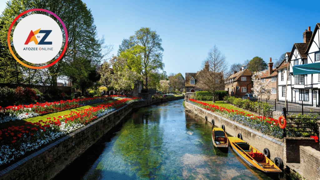 eaceful riverside view surrounded by greenery in Canterbury under mild weather