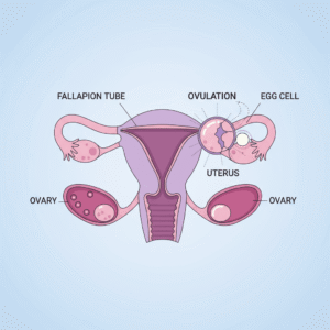 Female reproductive system anatomy showing ovulation process, egg release, and fallopian tubes
