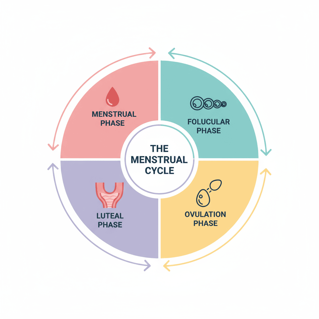 Infographic of the menstrual cycle showing four phases: menstrual, follicular, ovulation, and luteal