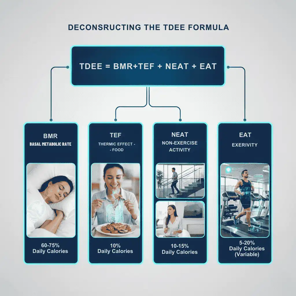 Infographic breaking down the TDEE formula into BMR, TEF, NEAT, and EAT.
