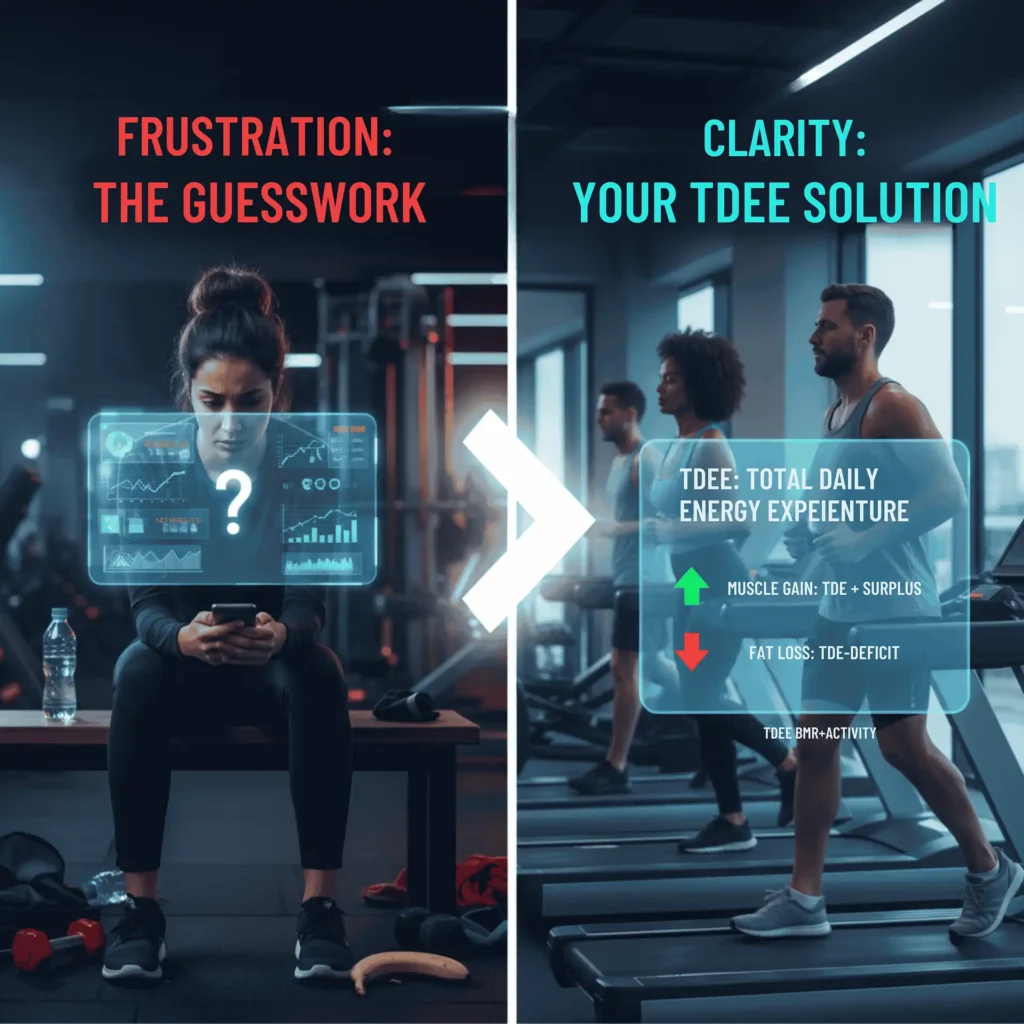 Contrast between frustrated guesswork and clear TDEE solution for weight loss.