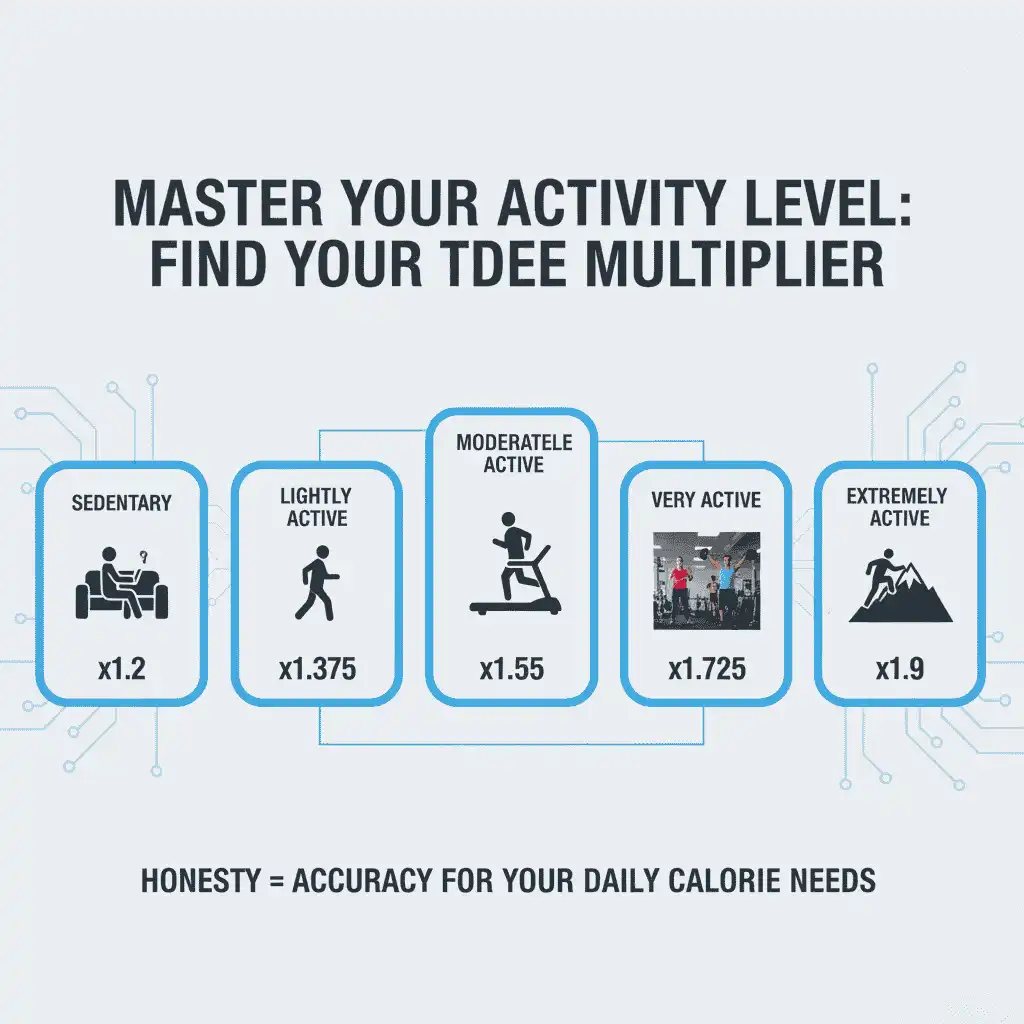 Visual guide showing the TDEE activity multiplier from sedentary to very active.